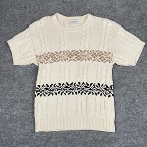 80s Vintage Cable Knit Ski Sweater Short Sleeve Floral Retro - Size S